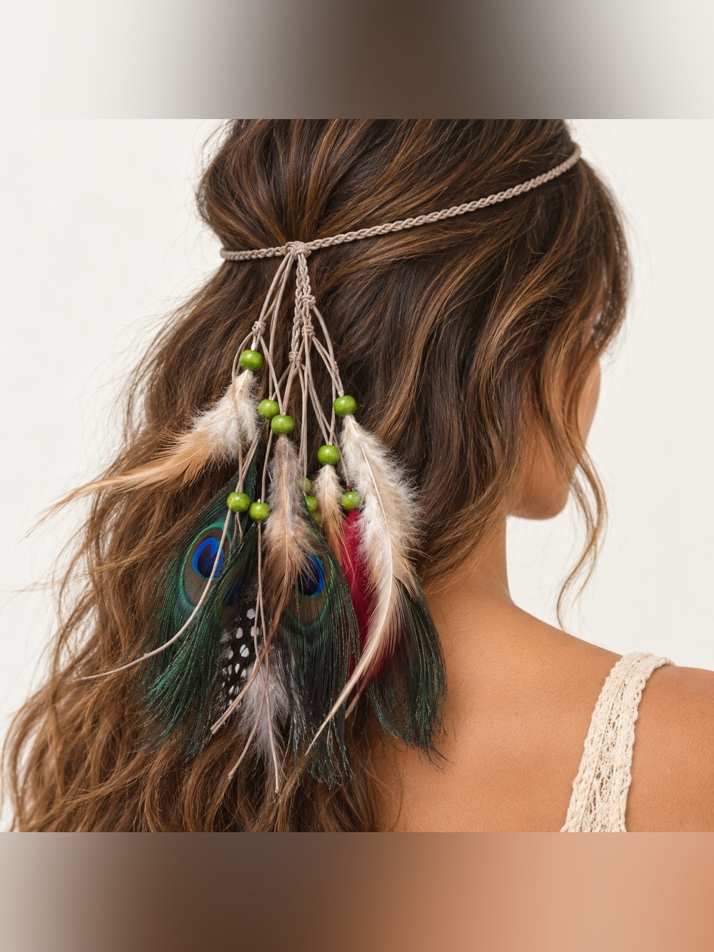 Convertible Peacock Feather Headband Necklace Boho Festival OS
